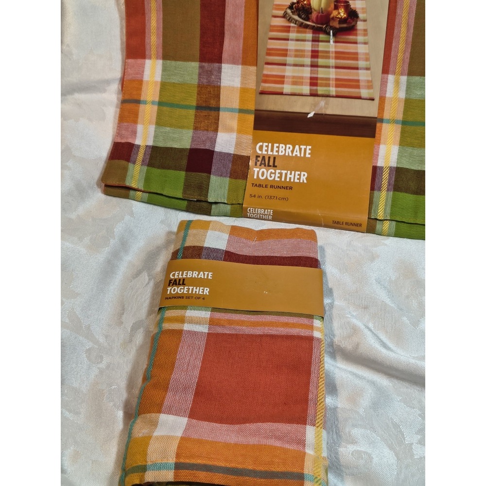 New wTags Celebrate Fall Together Plaid Table Runner 13"x54" & 4 Napkins Kohl's